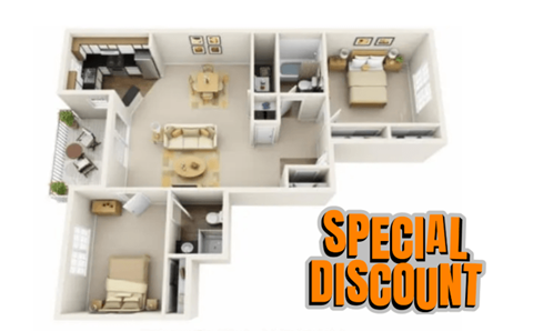 A 3D floor plan of an apartment with a special discount offer.